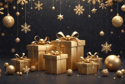 The primary subject of the image is a collection of gold-wrapped presents. The setting is a dark background, which contrasts with the gold color of the presents. The visual style is a combination of photo and digital art, creating a realistic yet artistic representation of the presents. The colors and mood are predominantly gold and festive, evoking a sense of celebration and joy.